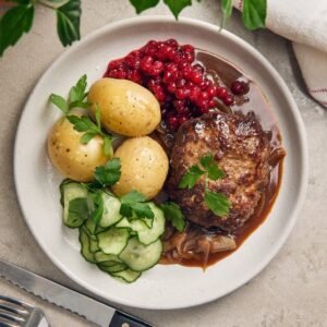 Pannbiff med lök och kryddstekt potatis